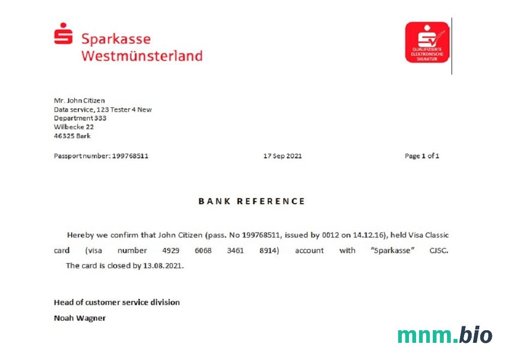 Niemcy Sparkasse przykład odniesienia zamknięcia w formatach Word i PDF